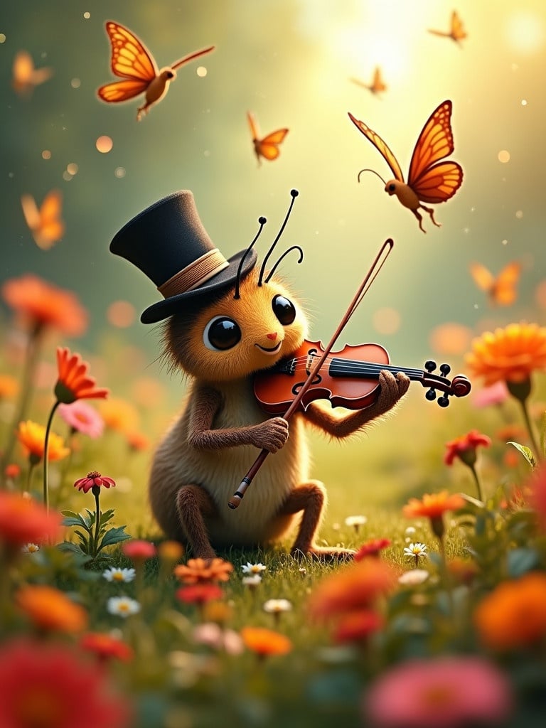 A whimsical scene in a vibrant garden full of flowers. An insect wearing a top hat plays a violin. Colorful butterflies flutter around. The atmosphere feels enchanting and magical. The lighting is warm and inviting, enhancing the beauty of the garden.