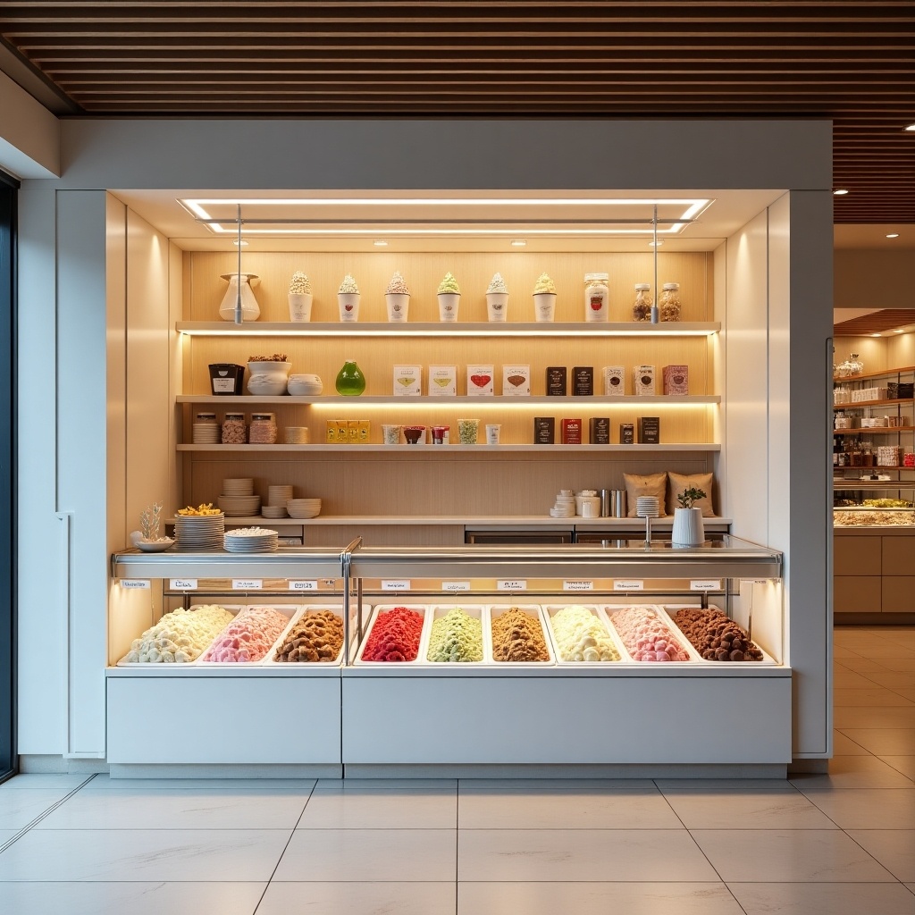 The image depicts a modern ice cream shop display for 'Tondi Gelato'. The showcase features a variety of gelato flavors including strawberry, vanilla, almond, pistachio, and chocolate, all housed in a glass casing. Bright daylight floods the scene, highlighting the vibrant colors of the gelato. The backdrop consists of neatly arranged jars and cups, enhancing the contemporary aesthetic. It's a welcoming and visually enticing setting, perfect for attracting customers to indulge in delicious ice cream.