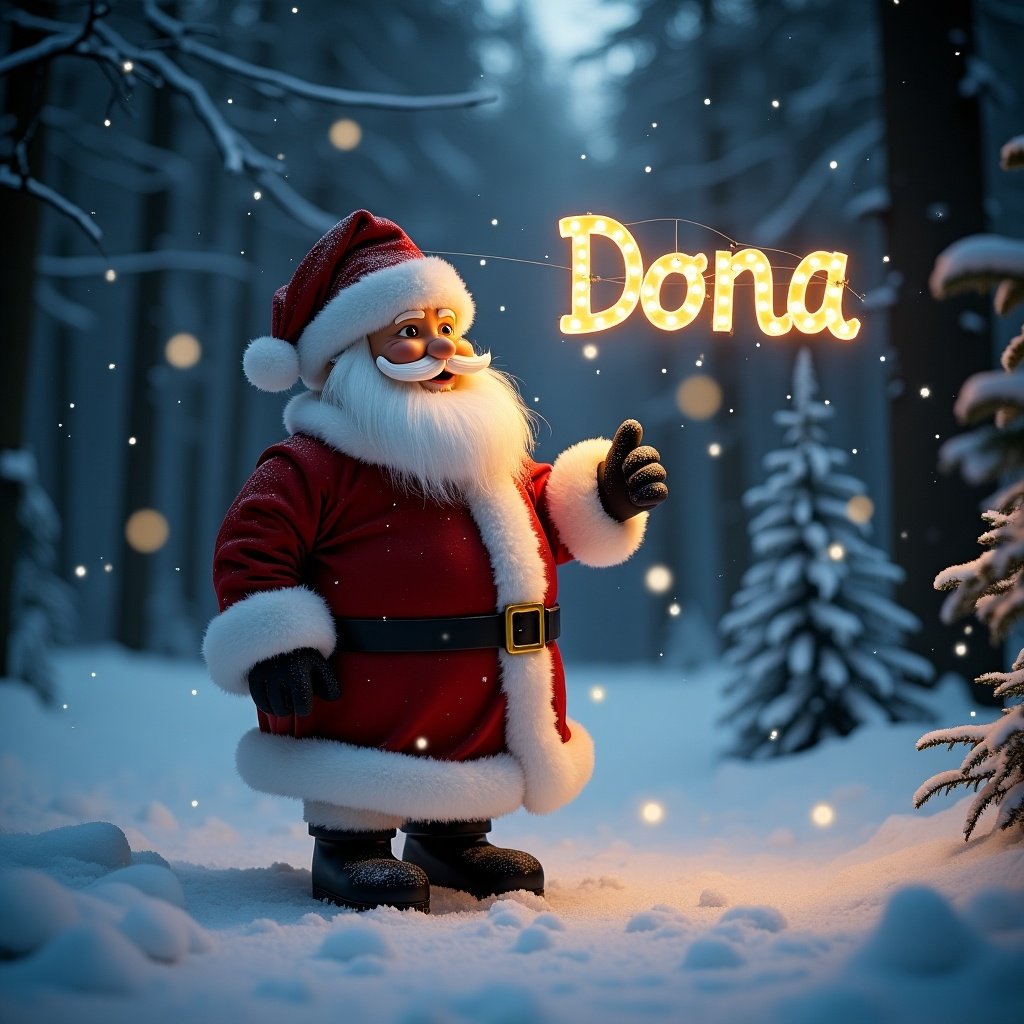 Magical Santa Claus figure stands in a snow-covered forest. The name Donna is illuminated in lights.