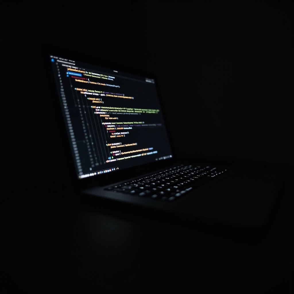 Image of a laptop with code on the screen in low light.