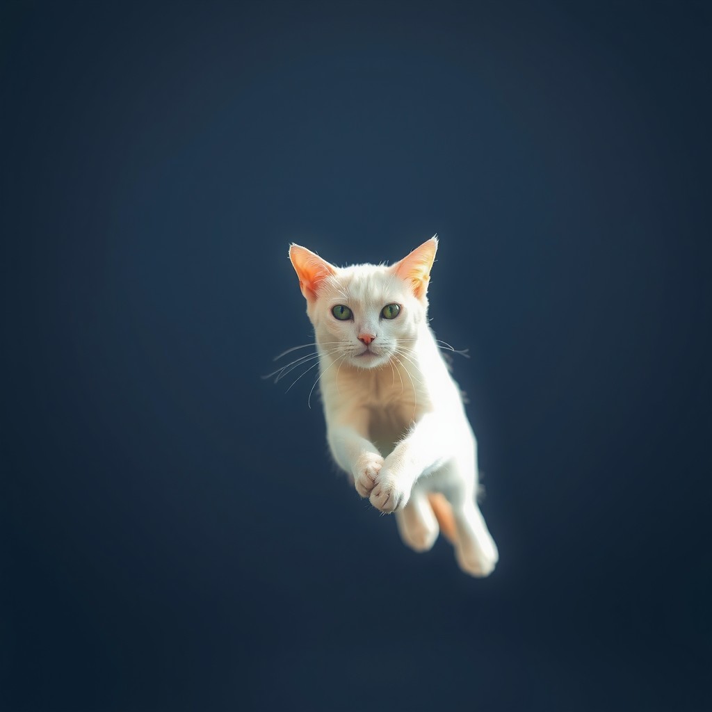 A white cat captured mid-air against a deep blue background.