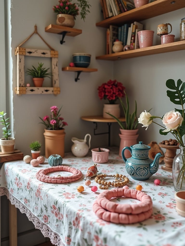 A cozy workspace filled with handmade crafts and decorative elements. The scene features a floral tablecloth with soft hues. A beautifully designed teapot rests on the table with pots of plants and flowers. Accessories for jewelry making and crafting are placed thoughtfully. Bright and inviting atmosphere suitable for an artisan studio.