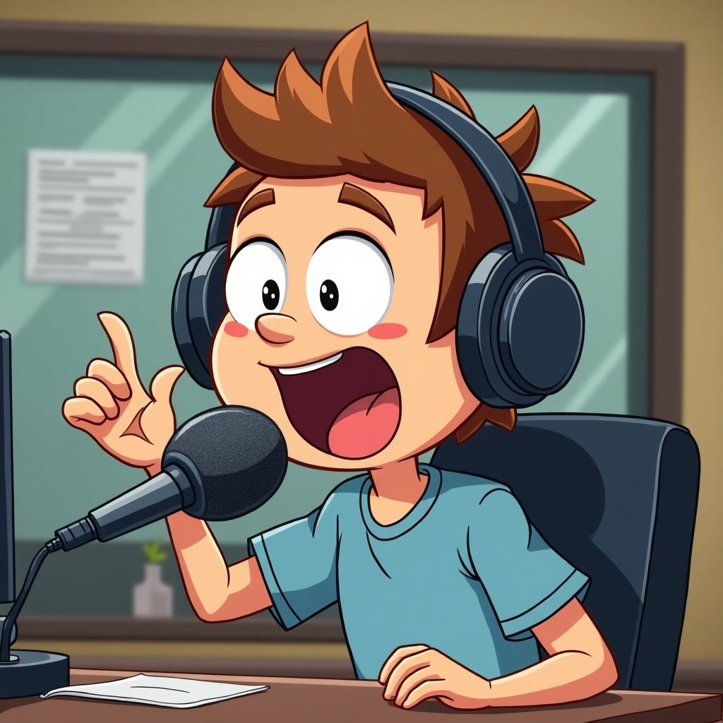 Cartoon character with headphones enthusiastically talking into a microphone in a radio studio.