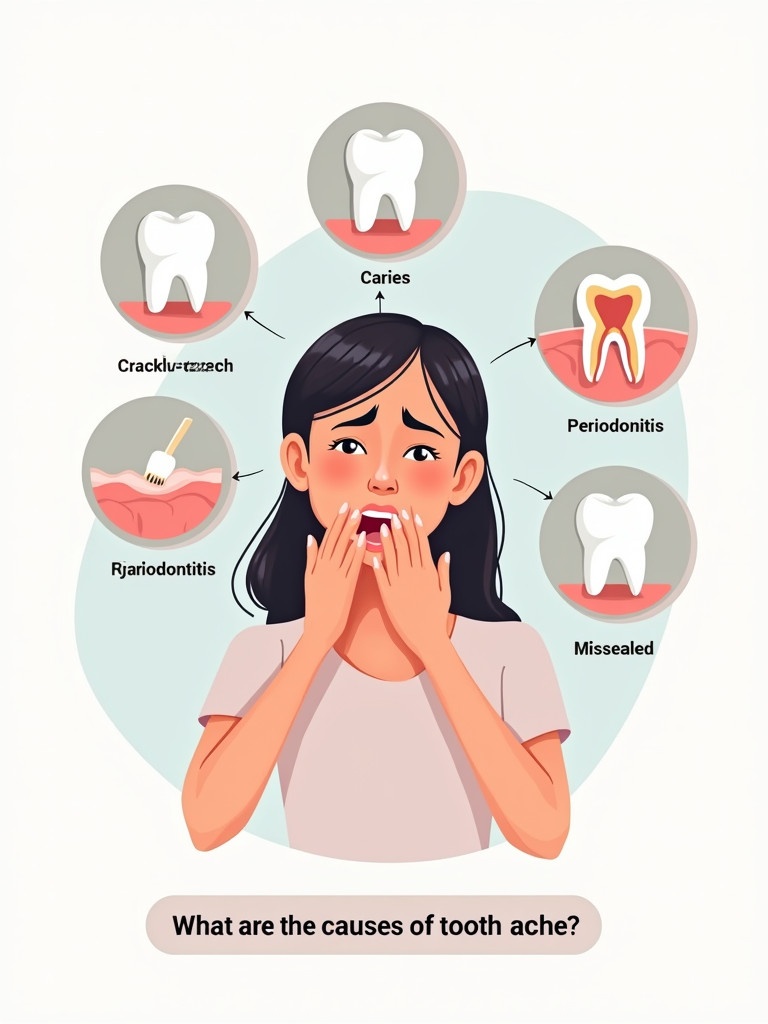 Informative illustration about toothache causes. Young woman holds her jaw in pain. Surrounding icons illustrate dental issues like caries and periodontitis. Question at bottom asks about toothache causes. Clean design for educational purposes.