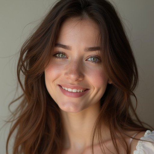 A young woman in her 20s is seen from the shoulders up. She has beautiful, flowing hair and a gentle expression. The image showcases a modern and fashionable look in a neutral backdrop.