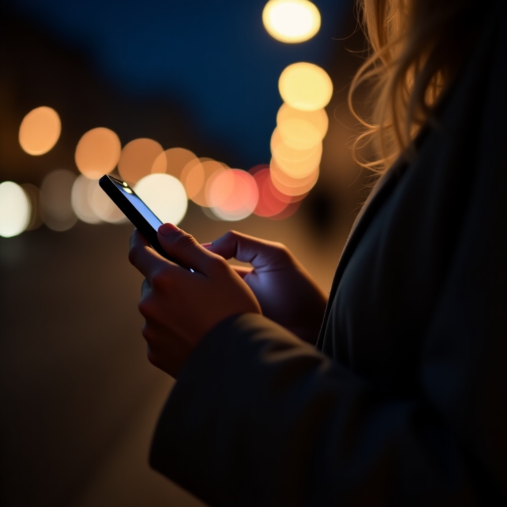 Close-up view of hands using smartphone at night. Warm streetlights create bokeh effect in background.