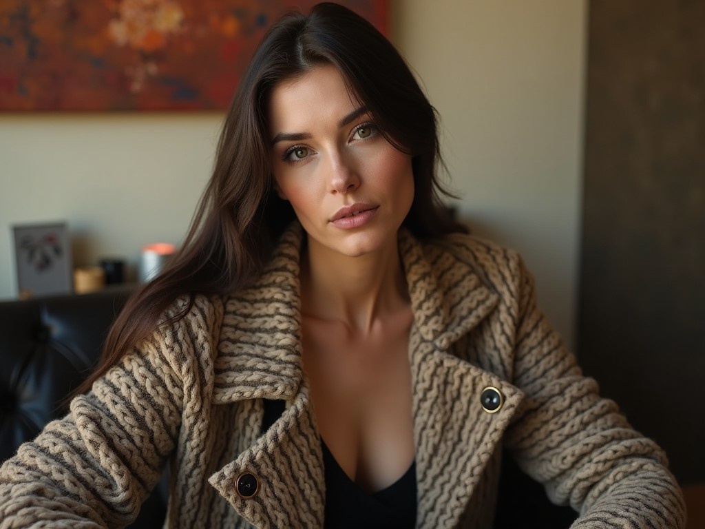 A portrait of a woman with long hair, posing indoors. She is wearing a stylish knitted jacket, which adds texture to the image. Her expression is thoughtful and serene, making her the focal point. The soft lighting enhances the natural beauty of her features. The background has warm colors, creating a cozy atmosphere.