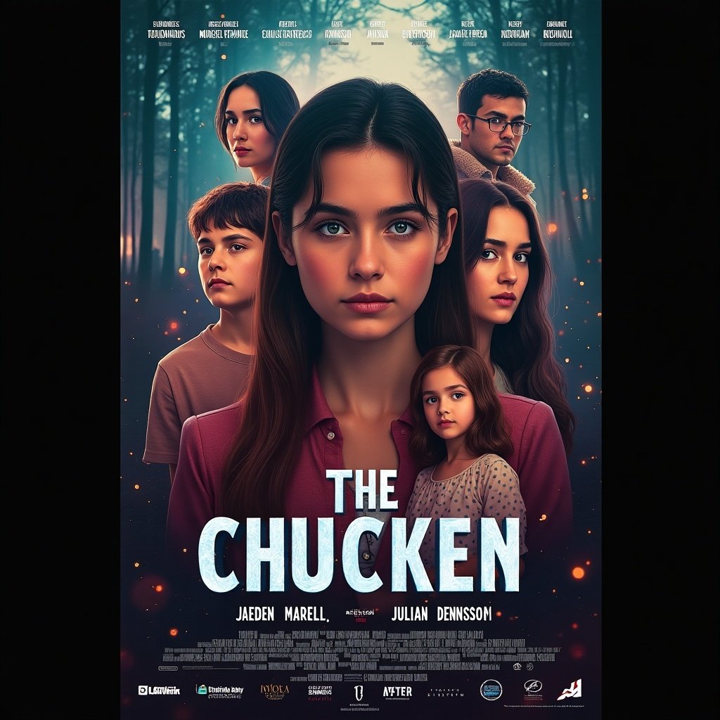 Cinematic poster for a movie titled The Chucken. The poster features multiple characters in a dark forest setting. Central focus on a woman with brown hair wearing a red shirt. Various emotions expressed by additional characters in the background. Movie details and credits are included.