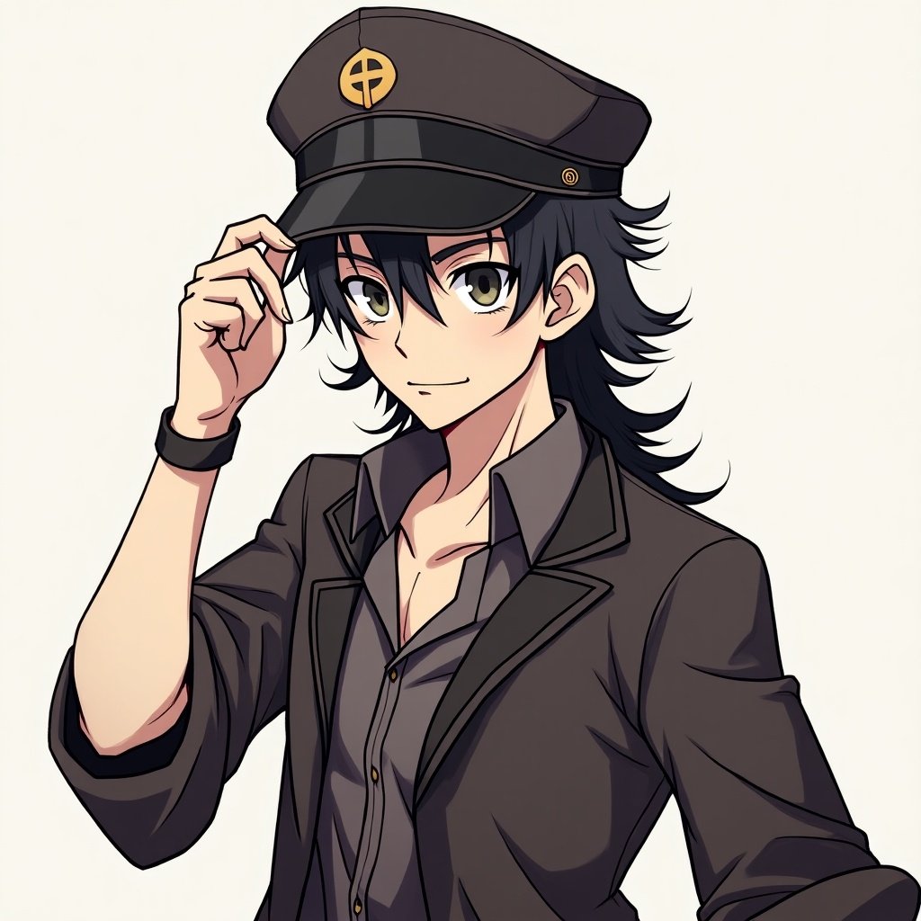 Character wearing a stylish black cap with long hair and a casual outfit. The character has a serious expression. Emphasis on anime fashion and style.