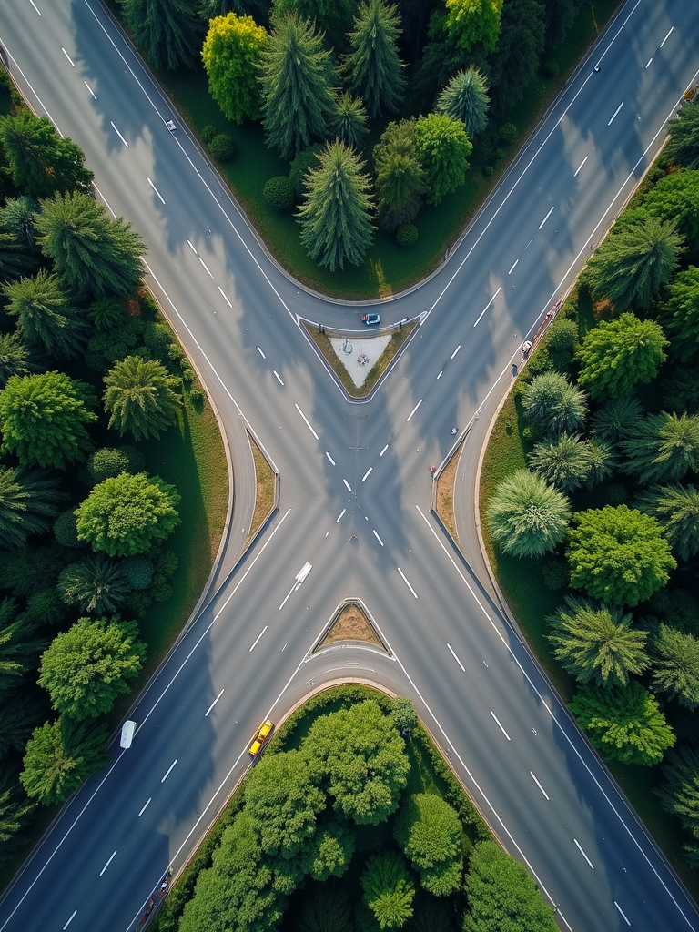 Aerial view of a symmetrical four-way intersection surrounded by lush greenery and tall trees, with a few vehicles navigating the roads.