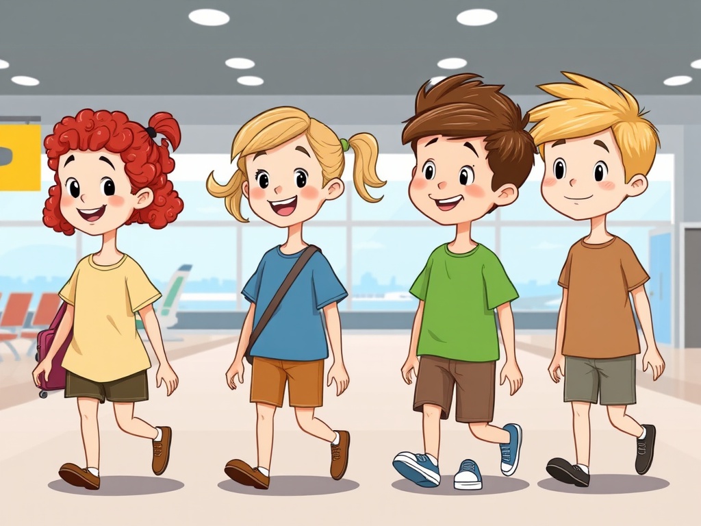 Four cartoon children are happily walking together inside an airport.