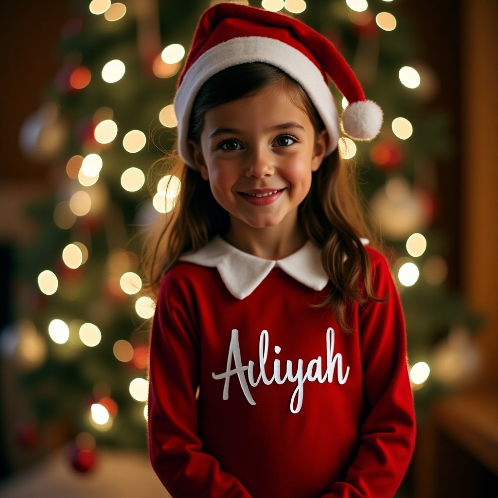 A young girl wears a bright red outfit with a white collar and a cute Santa hat, standing in front of a beautifully decorated Christmas tree. The tree lights are twinkling with a soft bokeh effect, creating a magical holiday atmosphere. The girl's name 'Aaliyah' is artistically written, suggesting a personal touch for the festive season. Her joyful smile adds to the warm, inviting vibe of Christmas. This scene captures a traditional holiday spirit, perfect for seasonal celebrations.