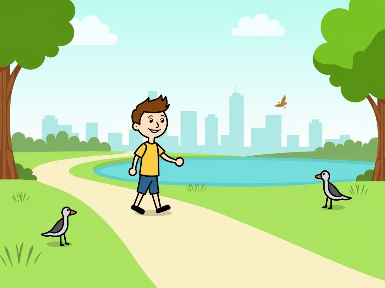 Create a stick figure scene in a park setting, sized 1920x1080. The stick figure boy is walking along a curved pathway. In the background, there are simple representations of trees with green foliage. Include a few stick figure birds flying above and standing on the grass. The pathway leads to a serene body of water with stick figure details around it, and skyline silhouettes in the distance to represent a city. The overall atmosphere should be bright and cheerful.