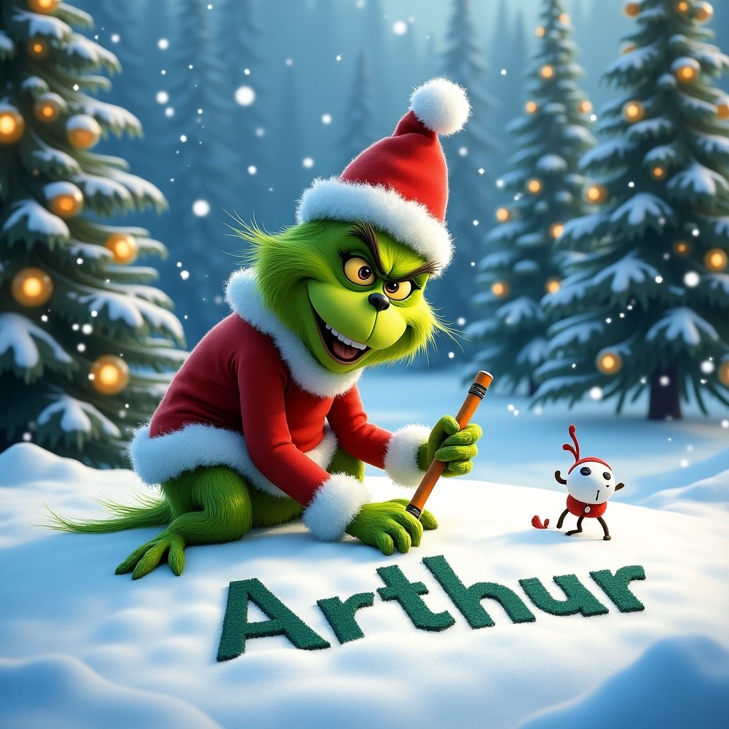 Grinch character writing name Arthur in the snow in a bright snowy landscape. Festive winter scene with Christmas trees lit up and snow covering the ground.