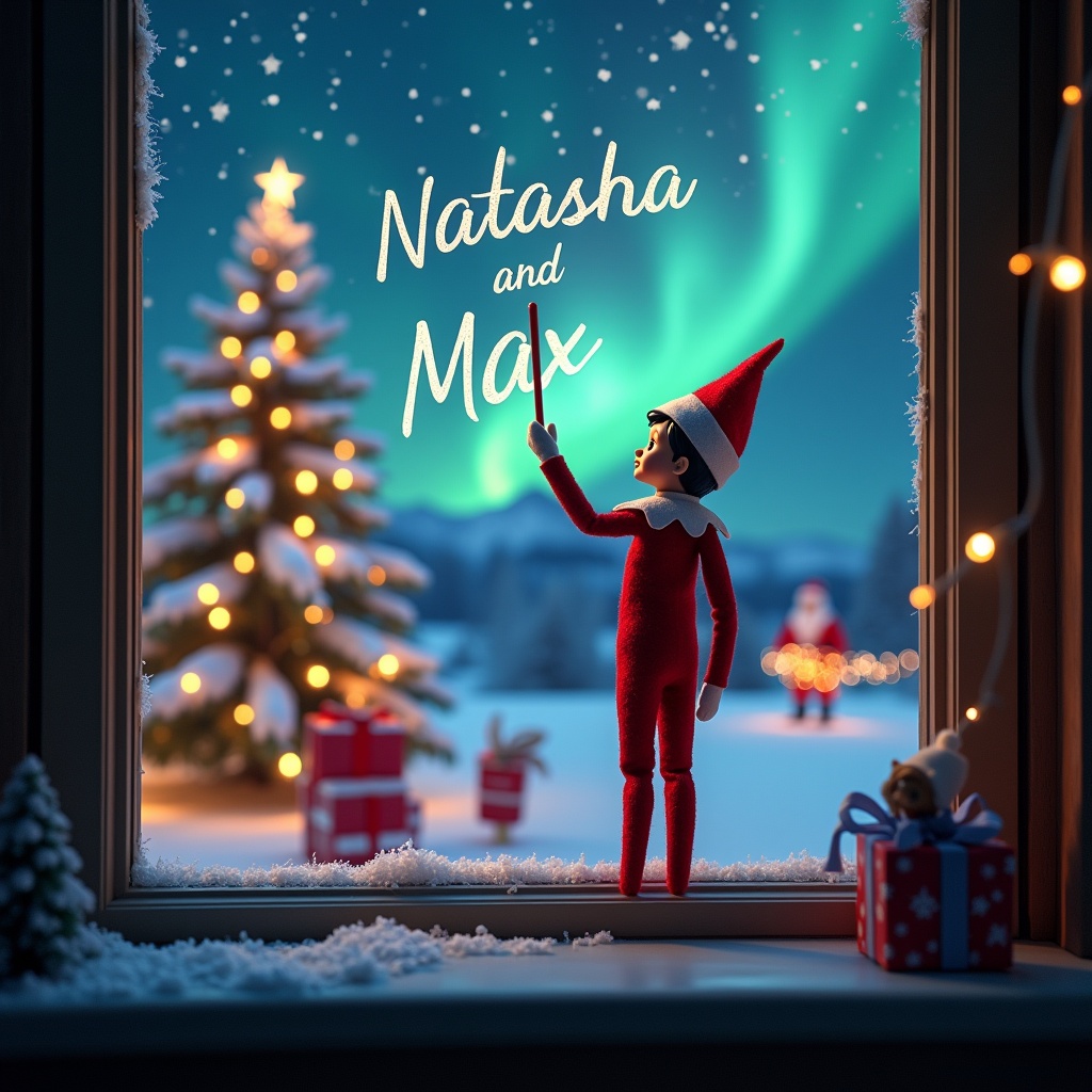 An enchanting Christmas scene features an elf on the shelf with his back to the viewer, gazing up at a magical sky. The elf is using a wand to elegantly write the names 'Natasha' and 'Max' in the air. In the background, the landscape is illuminated by beautiful northern lights and adorned with a Christmas tree sparkling with lights. Santa Claus is visible in the distance, creating a whimsical and festive atmosphere. Snow gently covers the window ledge, adding to the cozy feel of the scene.