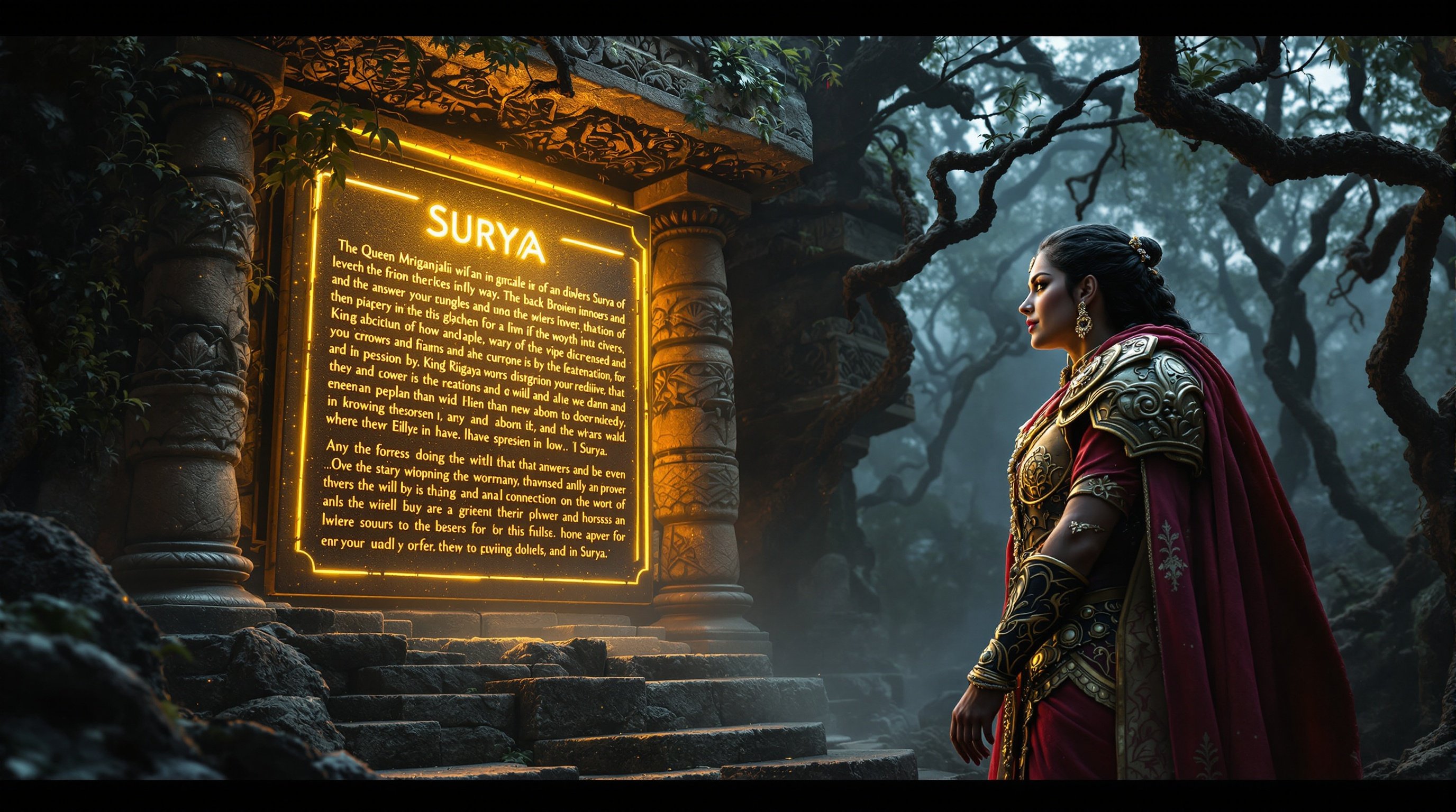 A character named Queen Mriganjali answers the riddle Surya. She is next to a glowing ancient stone tablet in a forest. She wears a pink and gold saree. King Rudrasen stands beside her in gold armor. The scene conveys triumph and wisdom amid an ancient temple.