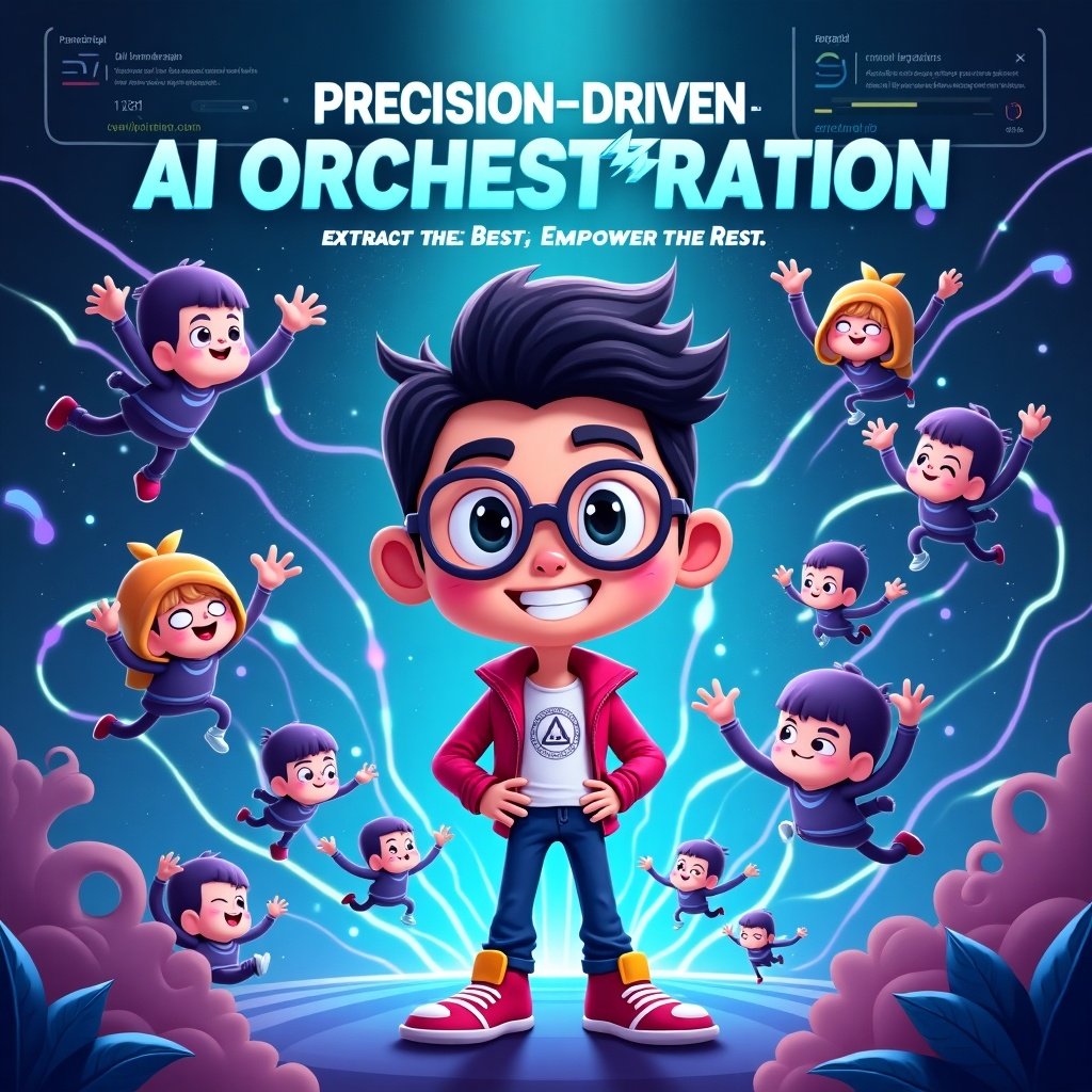 Illustration of precision-driven AI orchestration in a vibrant digital landscape. Central character embodies confidence and youth, surrounded by data streams, performance metrics, and smaller agents engaged in activities. Tagline at the top or bottom. Overall feel is fun and engaging, highlighting AI agent interaction.