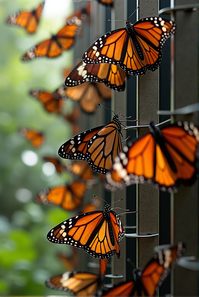 A vibrant cluster of monarch butterflies with orange and black wings perched on metal rods, against a blurred green background.