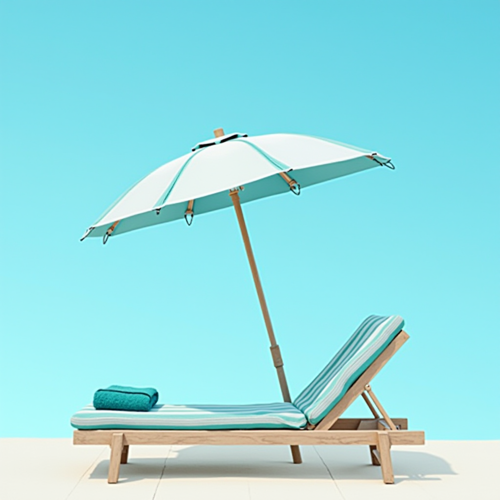 A turquoise and white sun lounger with a matching umbrella set against a clear blue sky.