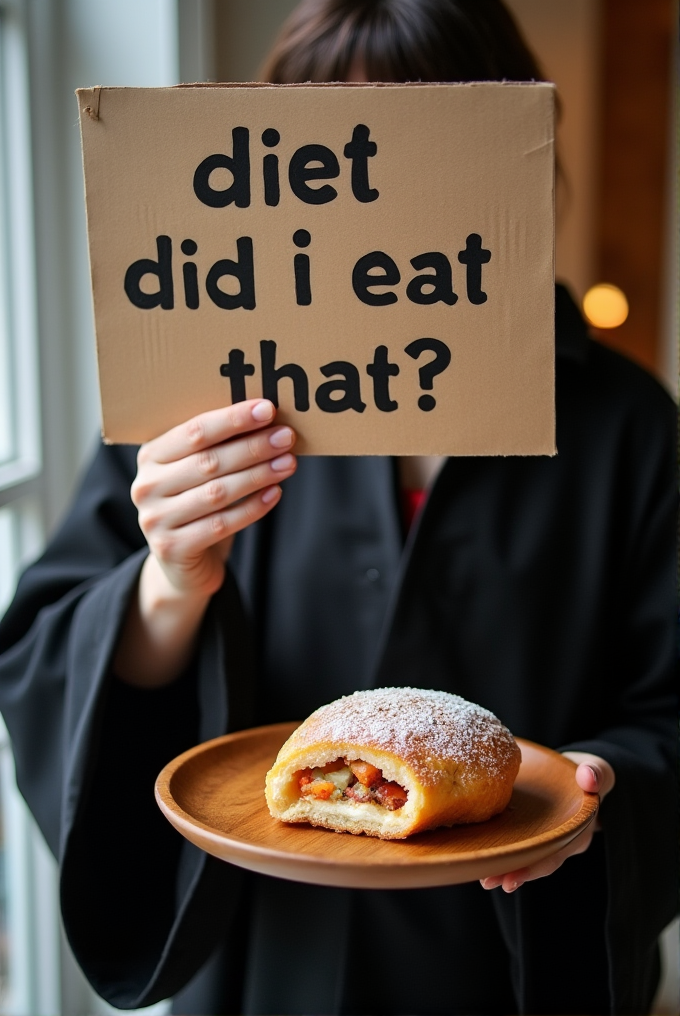 A person holds a humorous sign about diet while presenting a delicious pastry.