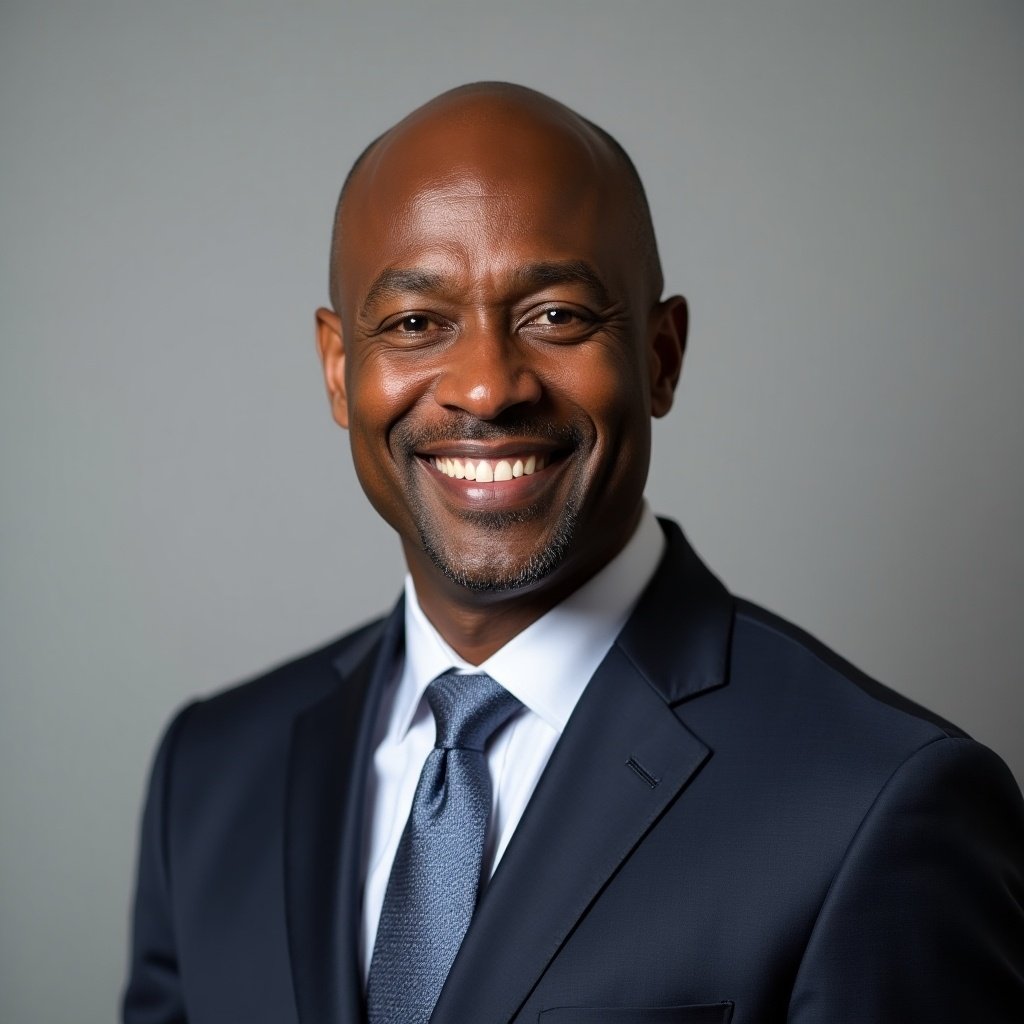 Black male in formal attire. Headshot for corporate profile. Suit and tie. Professional demeanor. Neutral background.