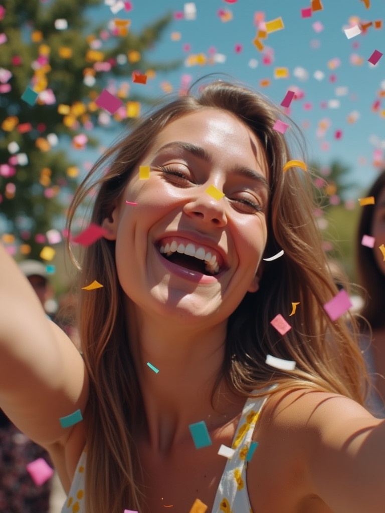 A person joyfully takes a selfie surrounded by colorful confetti