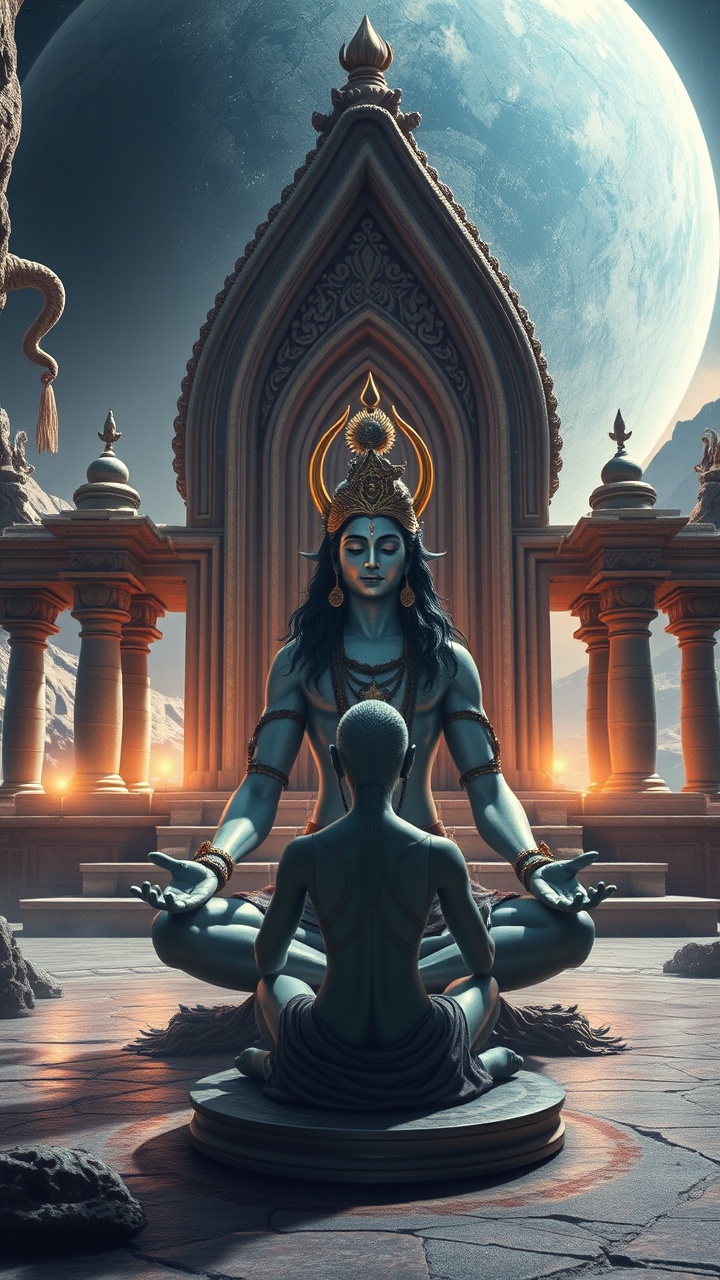 A mystical scene depicts two figures engaged in meditation, surrounded by architectural elements reminiscent of ancient temples. A large celestial body looms in the sky, casting ethereal light upon the setting. The serene, divine atmosphere is enhanced by intricate details in the figures and the ornate backdrop, suggesting a connection to spirituality and the cosmos.