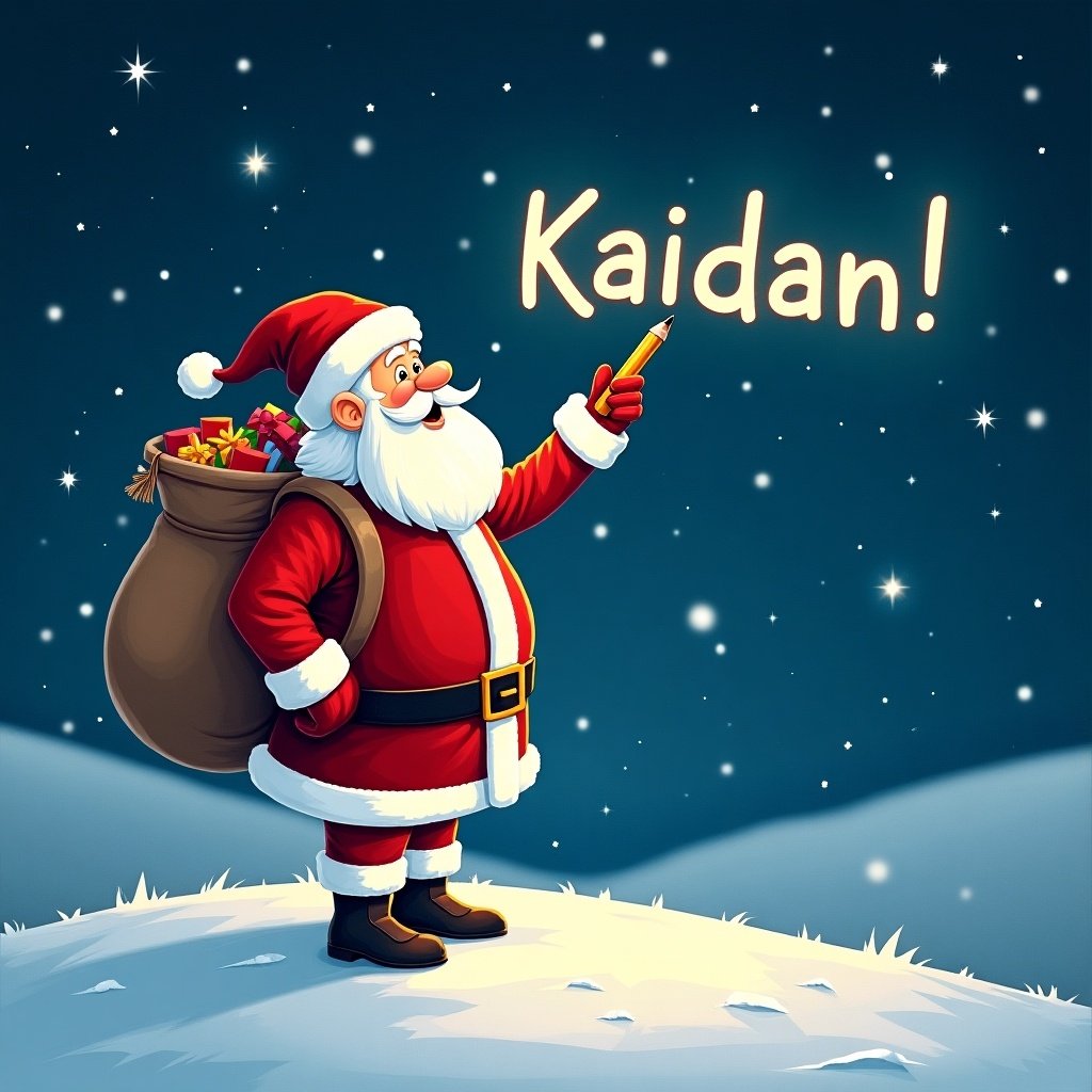 Santa Claus stands on a snowy hill at night. He is writing Kaidan in the sky with a pencil. Traditional red and white suit is worn by Santa. A large sack of gifts rests on his back. Twinkling stars illuminate the scene.