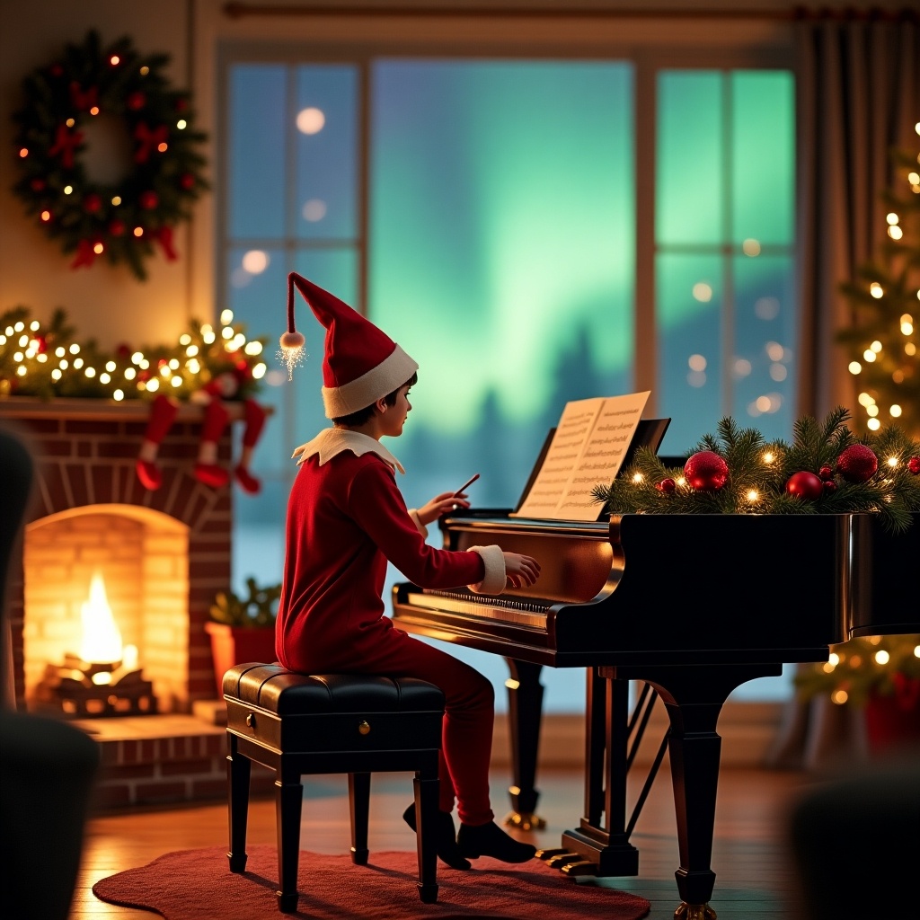 Enchanted Christmas scene with an elf dressed in red and white playing piano. Elf wields a magic wand. Vivid northern lights in the backdrop. Scene embodies festive spirit with whimsical elements.