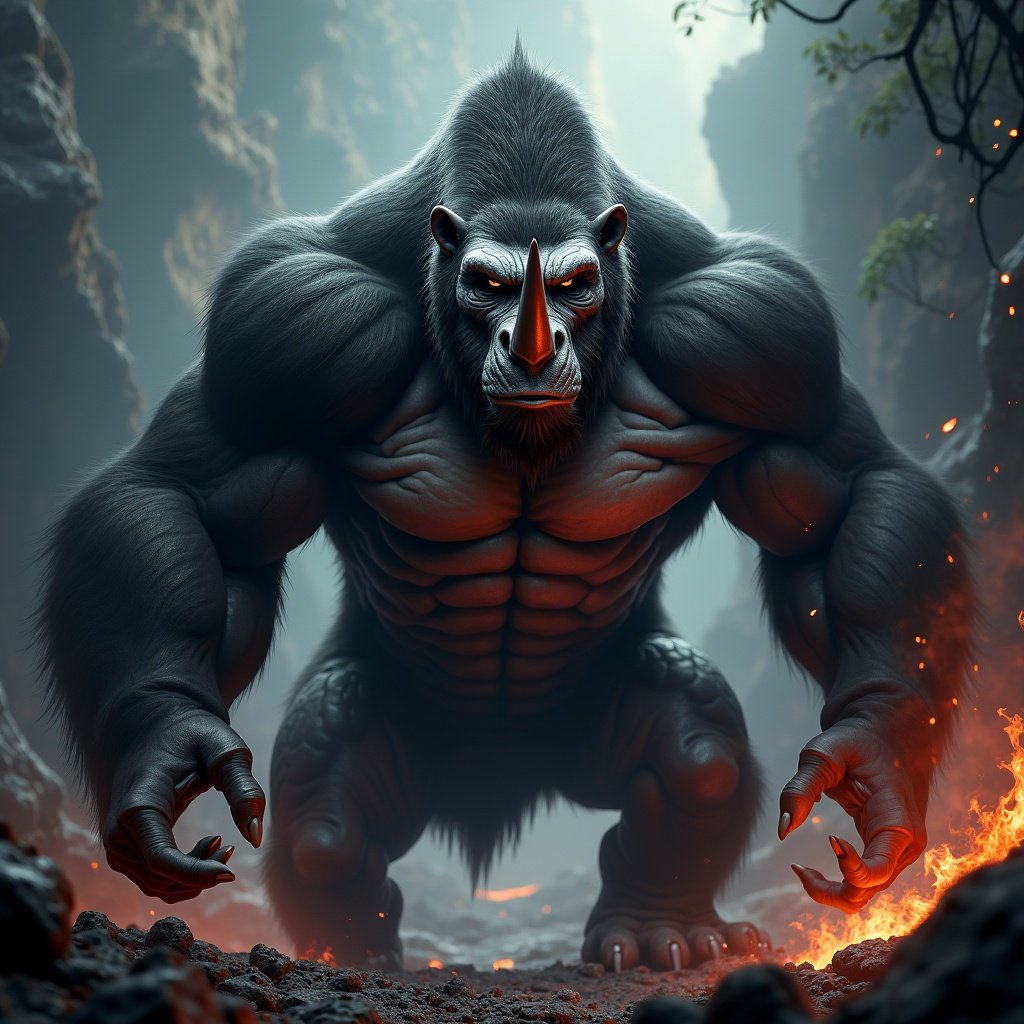 Create a hybrid creature blending gorilla and rhino features. Muscular body fierce expression thick armored skin menacing horn. Face shows fusion intense eyes powerful horn protruding. Dark foreboding background jungle or volcanic area. Ominous atmosphere reflects dangerous nature.