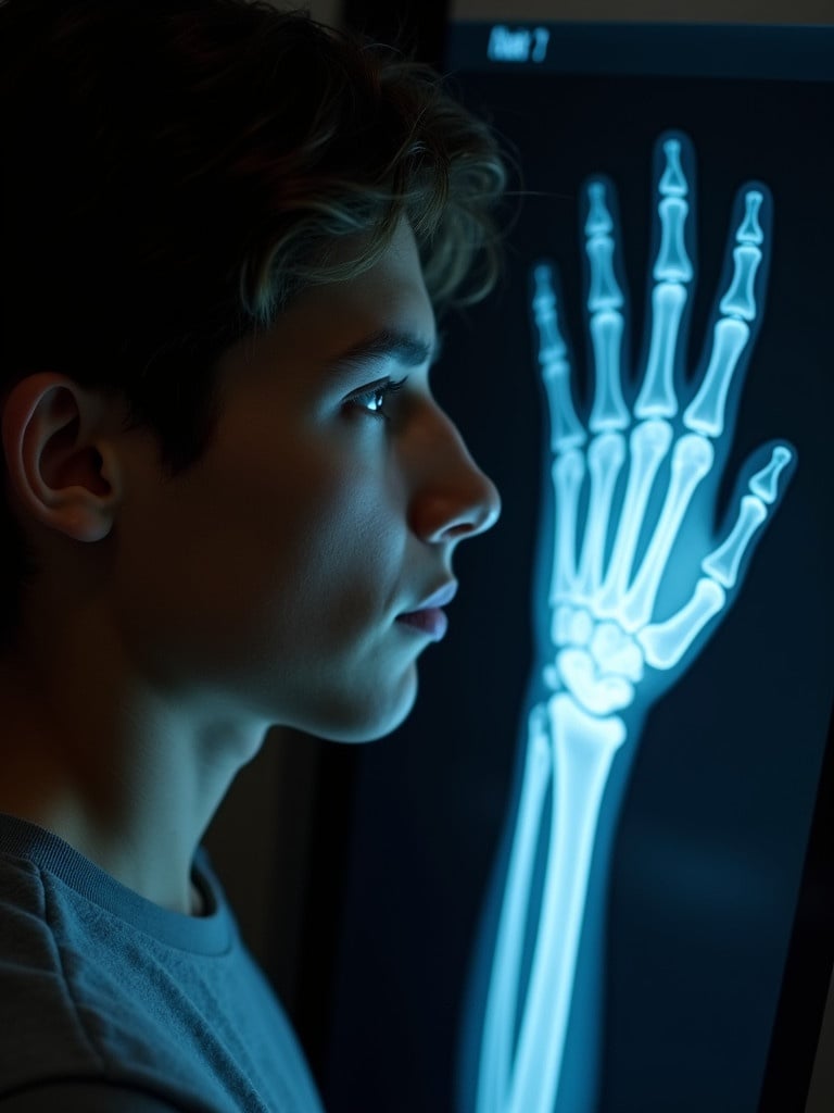 The image shows a young man in profile standing next to an illuminated x-ray of a human hand. Clarity of the x-ray highlights the bones distinctly. The subject’s expression is contemplative suggesting a connection to medical imagery. Soft lighting enhances the mood creating a striking contrast between the subject and the x-ray. This juxtaposition underscores the relationship between human anatomy and medical imaging.