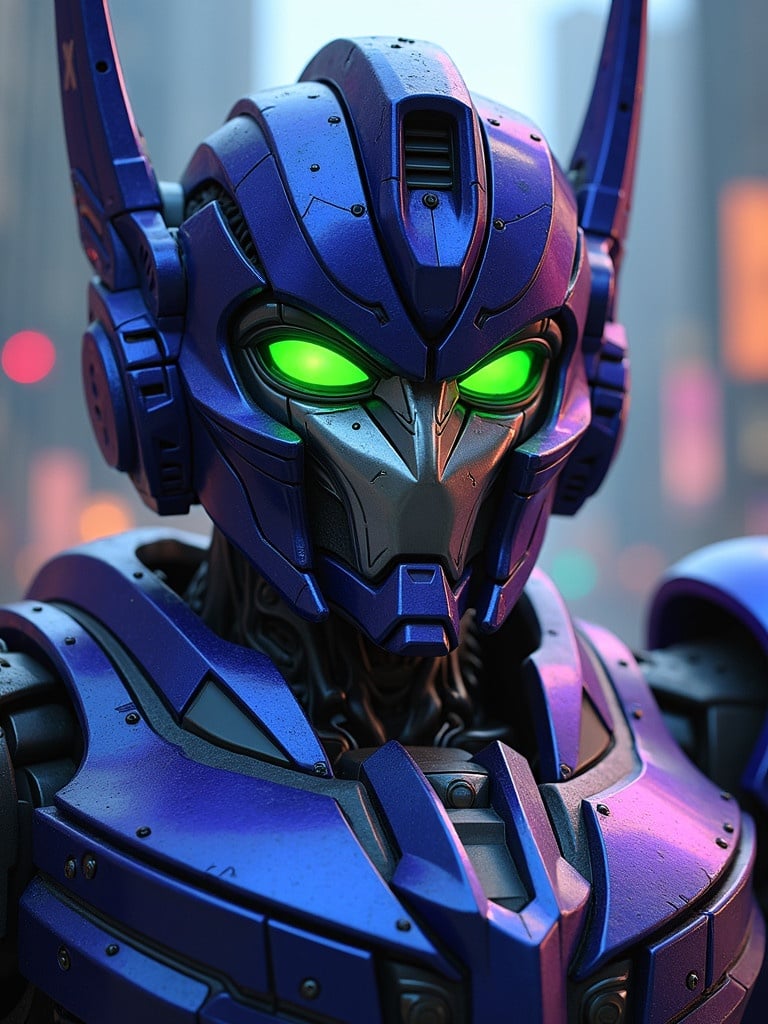 Realistic depiction of a blue and purple transformer robot. Robot has green eyes. Height is 7 feet 8 inches. Close-up of the face and upper body. Robot's design features intricate details with soft lighting.