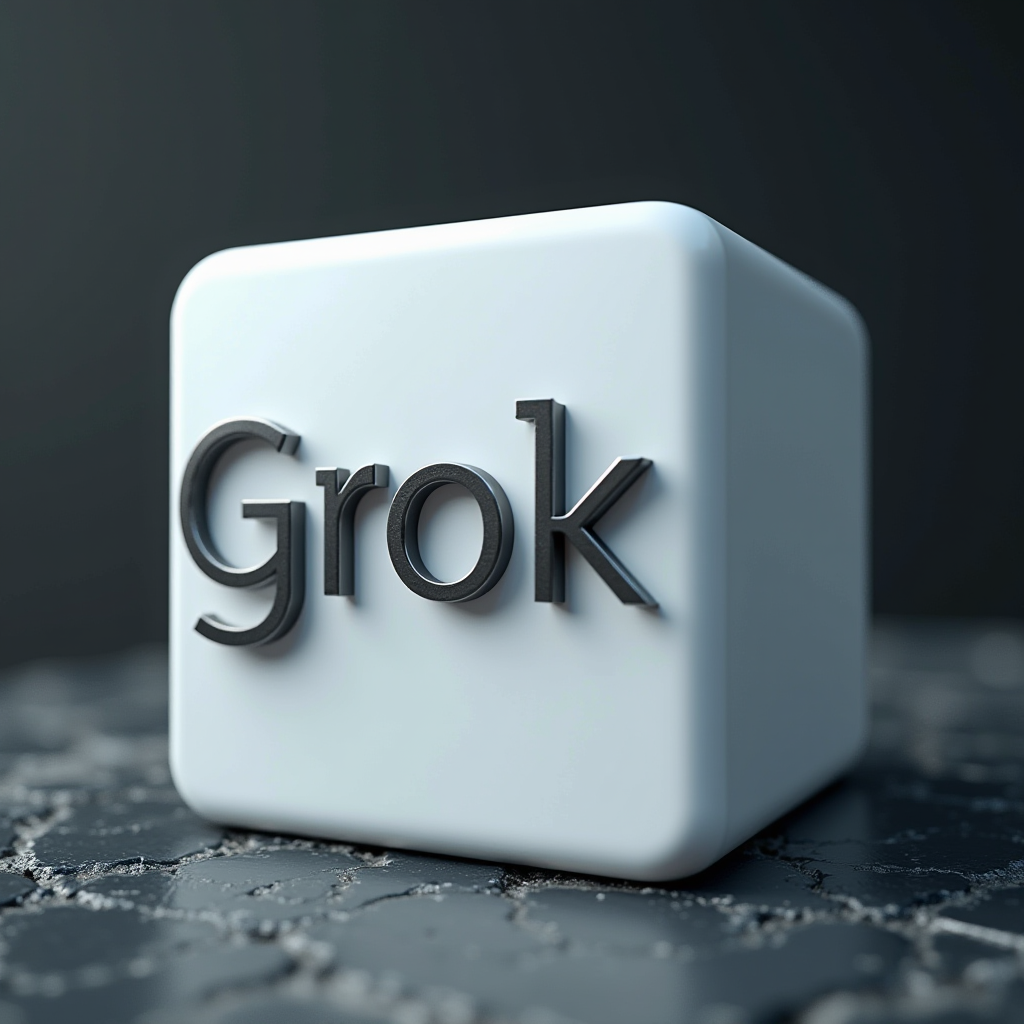 A white cube with the word 'Grok' in black letters sits on a textured dark surface.