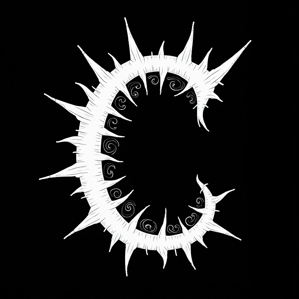 The image features a bold, stylized letter 'C' set against a black backdrop. Its design uses rough, textured strokes that mimic brushwork, giving it a lively artistic feel. Edgy, thorn-like extensions surround the outer edge of the 'C', adding a sense of aggression. Inside, intricate swirling patterns create visual depth, enhancing the overall complexity. The monochromatic palette reinforces its striking appearance, symbolizing creativity and boldness.