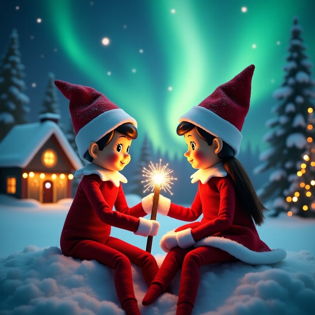 A boy elf and a girl elf sit at the North Pole. They hold a glowing wand emitting sparkling light. The background shows colorful northern lights and a cozy holiday-decorated house. Snow blankets the ground.