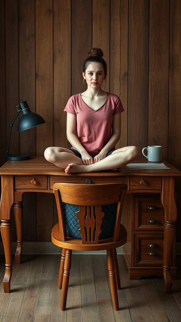 The image depicts a woman sitting cross-legged on a wooden desk in a warm, rustic setting. She is wearing a casual pink t-shirt and dark shorts. Her hair is styled in a top bun, giving a relaxed and composed look. The desk is set against a background of vertically arranged wooden panels, enhancing the natural and cozy atmosphere. To the left, a black desk lamp adds to the workspace theme, and on the right, a white mug is placed. The desk and chair set are made of matching polished wood, contributing to the cohesive, vintage aesthetic of the scene.