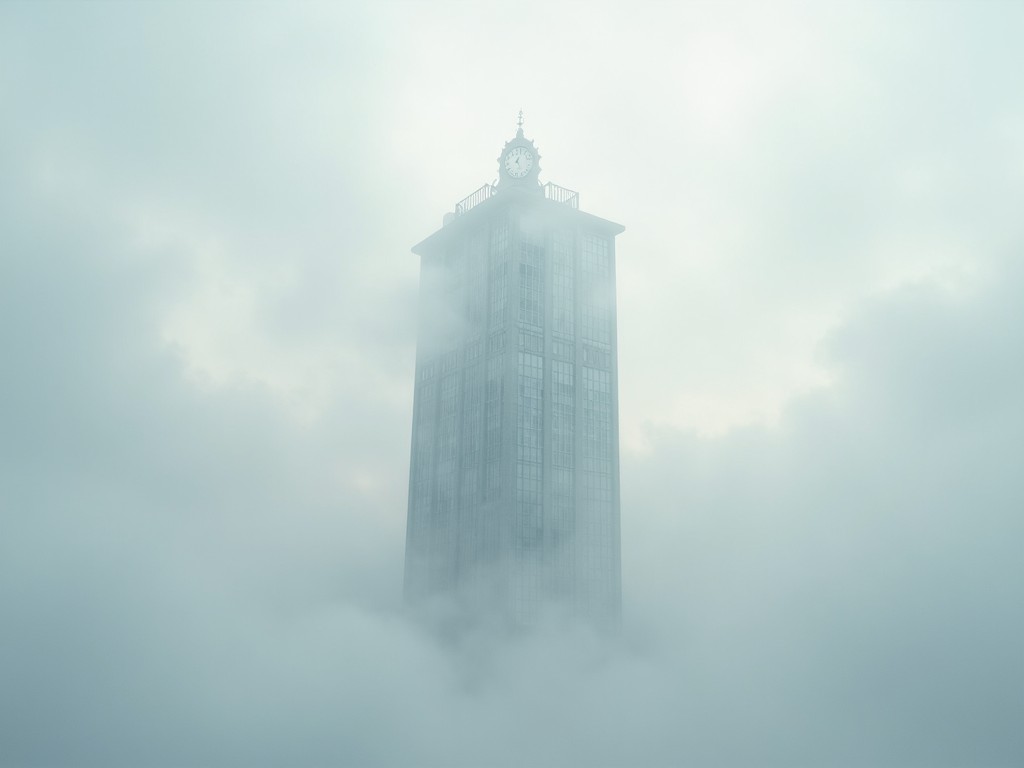 This image portrays a tall building topped with a clock, shrouded in a magical white fog. The scene evokes a sense of mystique as the building appears to ascend from the sky, seemingly lost in a milky void. The viewer's perspective is from the bottom looking up, highlighting the tower's height amidst the cloud cover. The atmosphere is soft and ethereal, with clouds swirling around it. This scene could symbolize isolation or work in an endless empty office building.