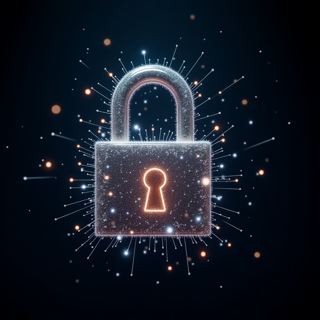 The image features a stylized padlock created from quantum particles, symbolizing the influence of quantum computing on encryption methods. The padlock glows subtly against a deep black background. Surrounding it are numerous sparkling particles, representing the complexity of quantum technology. This design merges the concept of traditional security with advanced technological innovation. It conveys the idea that encryption is evolving in response to advancements in computing.