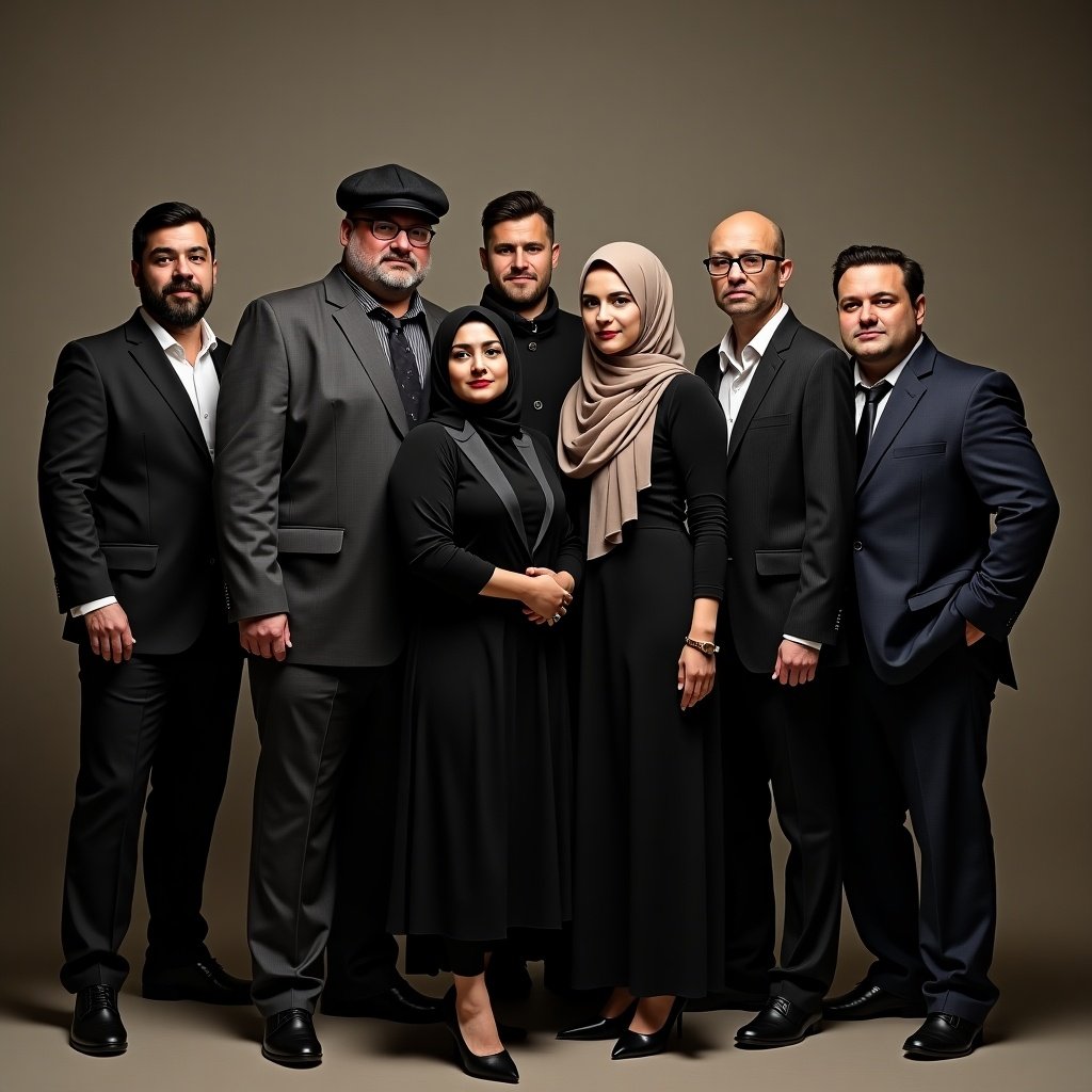 Image of a mafia group featuring a husband and wife duo. The husband is a heavyset man in a newsboy hat. His wife wears a beautiful hijab. They are with six members, including a bespectacled genius, a bald thinker, and a handsome reckless member. The women include an adventurous beauty and a chatty makeup lover. The setting is a stylish studio for a group photo.