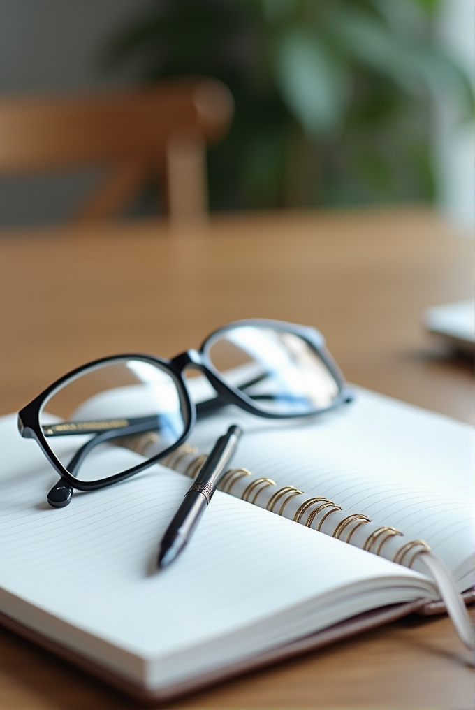 A pair of black glasses and a pen rest on an open spiral notebook with blank lined pages, set on a wooden desk.