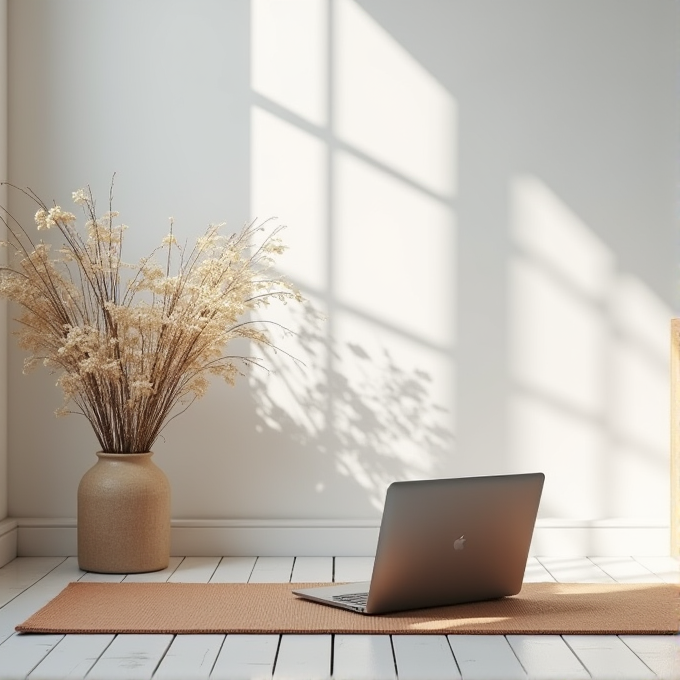 A laptop sits on a mat beside a vase of dried flowers in a sunlit room.