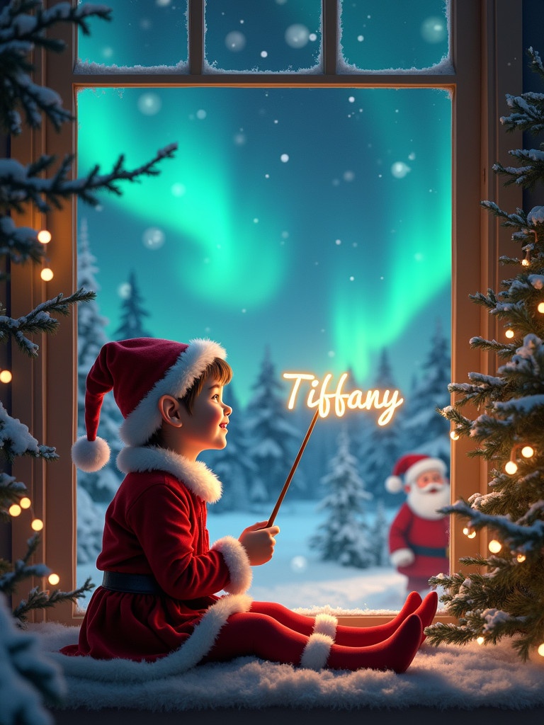 Young elf character sitting by a window during Christmas. Elf in festive outfit faces northern lights outside. Elf joyfully uses a wand to write Tiffany in the sky. Santa Claus is seen in the background. Setting features snow-covered trees and glowing ambiance. Holiday-themed visual captures spirit of childhood wonder and festive cheer.