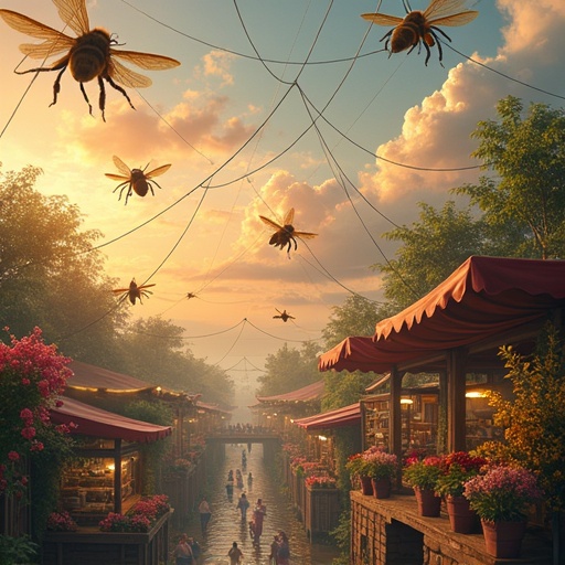 A hyperrealistic illustration depicts a bee marketplace. The market is suspended in mid-air and supported by delicate spider webs. Bees glide between stalls on gossamer wings. Stalls offer exotic flora and honeyed delicacies. The scene is illuminated by the ethereal light of a setting sun.