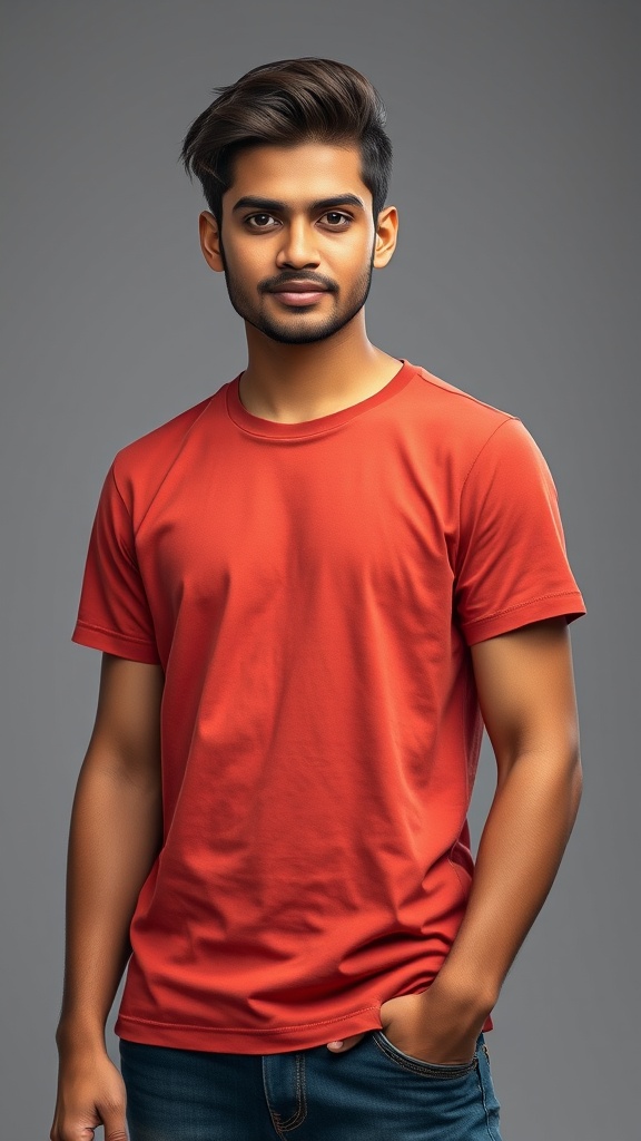 A young man in a red t-shirt exudes cool confidence against a neutral backdrop.