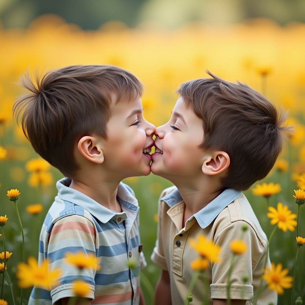 Image of two young boys showing affection in a flower field. They kiss surrounded by vibrant flowers. Their expressions are joyful and innocent. Soft lighting highlights features and background. Captures essence of childhood friendship and love.