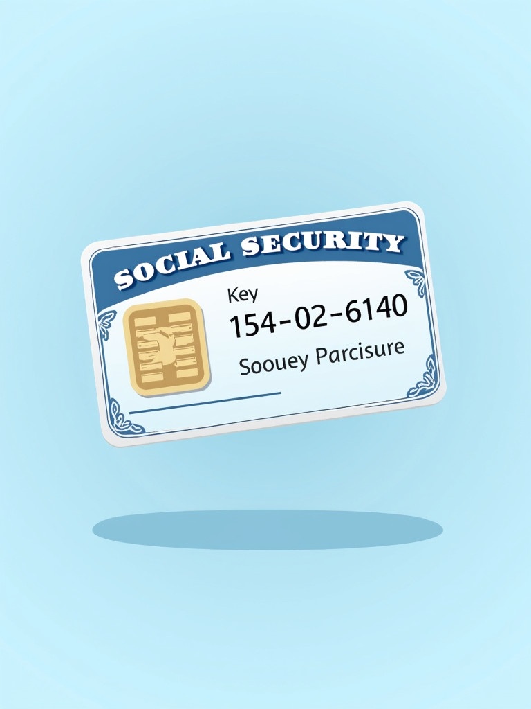 Depiction of a generic social security card. Features the text 'SOCIAL SECURITY' at the top. Displays key numbers '154-02-6140'. Includes a graphic chip for modern identification. Decorative elements show its official nature. Background is soft blue color. Professional and clean design emphasizing social security identification.