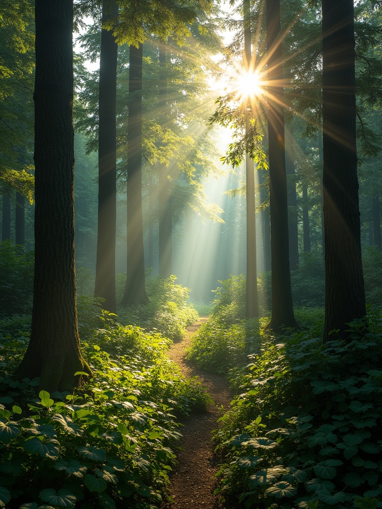 Sunlight filters through tall trees in a forest. Beams of light shine onto lush green foliage. A narrow path runs through the forest. The scene evokes peace and serenity.