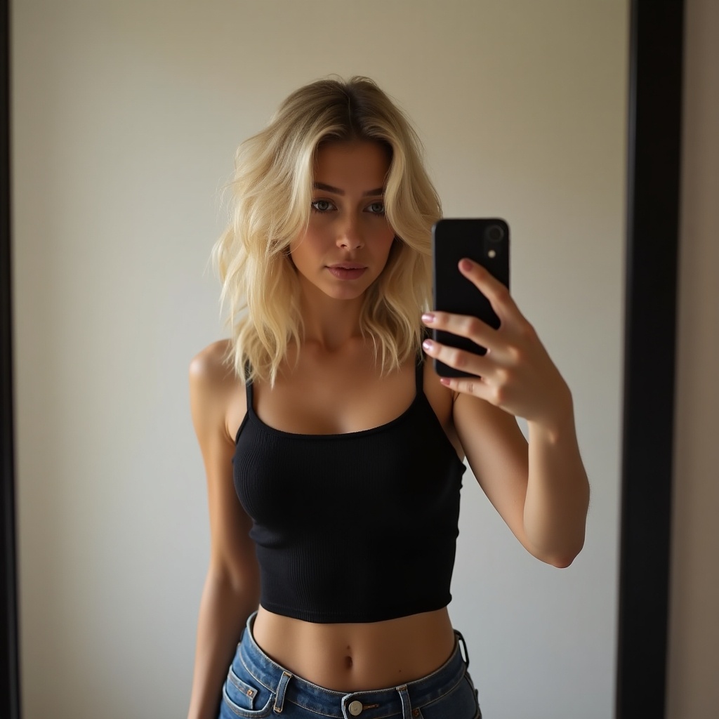 A beautiful Russian blonde woman is taking a selfie in front of a mirror. She is holding a phone in one hand and smiles softly at the camera. She wears a stylish black crop top that enhances her figure. Her jeans fit snugly, giving her a casual yet trendy look. The background is softly blurred, focusing on her and the reflection in the mirror.