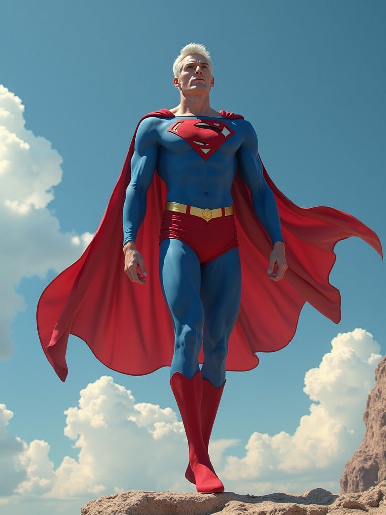 A superhero figure in a blue costume with a red cape stands against a clear sky. The design showcases muscular physique and iconic attire. The scene captures a heroic stance, emphasizing powers like flight and super strength.