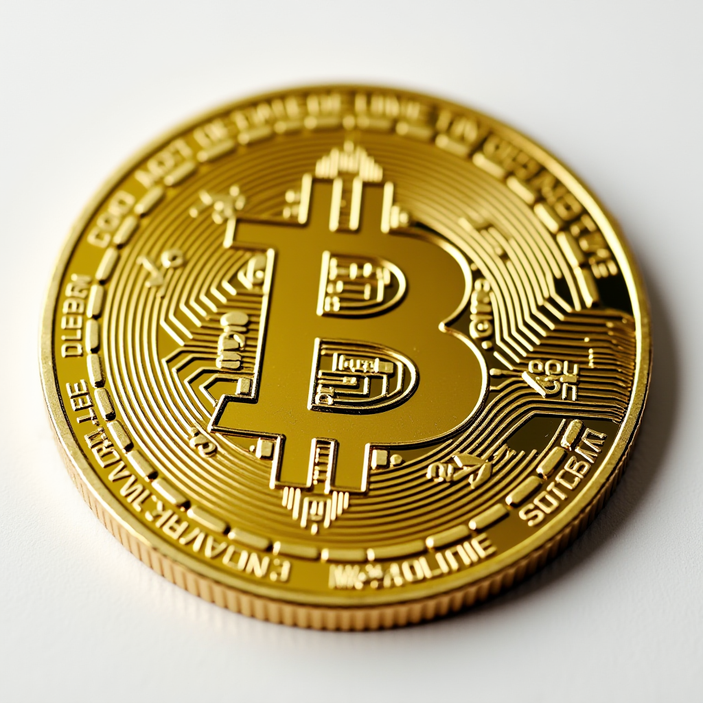 A close-up view of a gold Bitcoin coin with intricate circuit-like patterns.